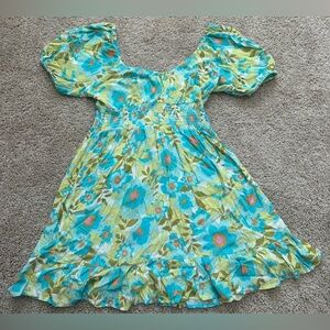 Billabong Women’s Floral Dress Size Large Stretch Blue And Green Ruffles